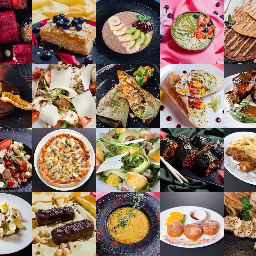 verschiedene Gerichte, die in viereckigen Kästchen aufgereiht sind