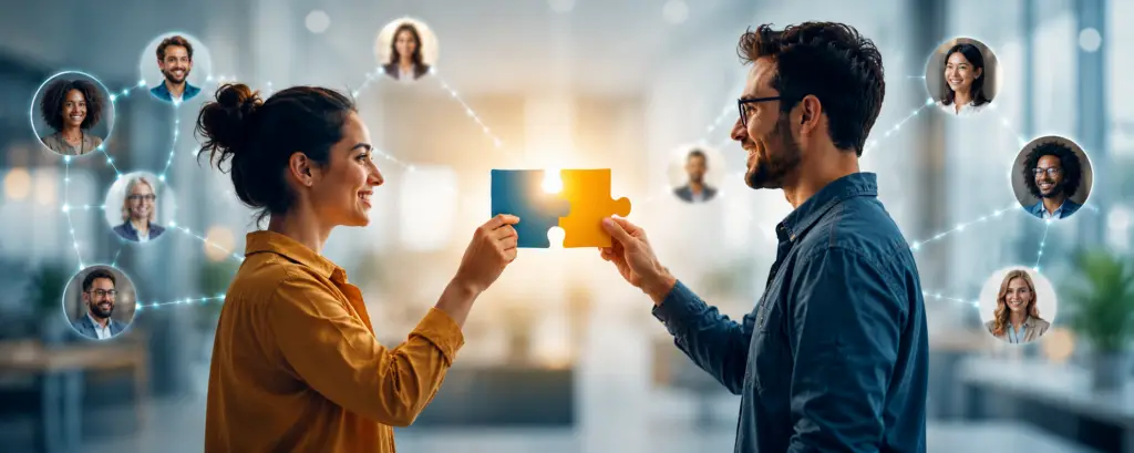 Zwei personen matchen ihre Puzzleteile symbolisch für ihre Skills