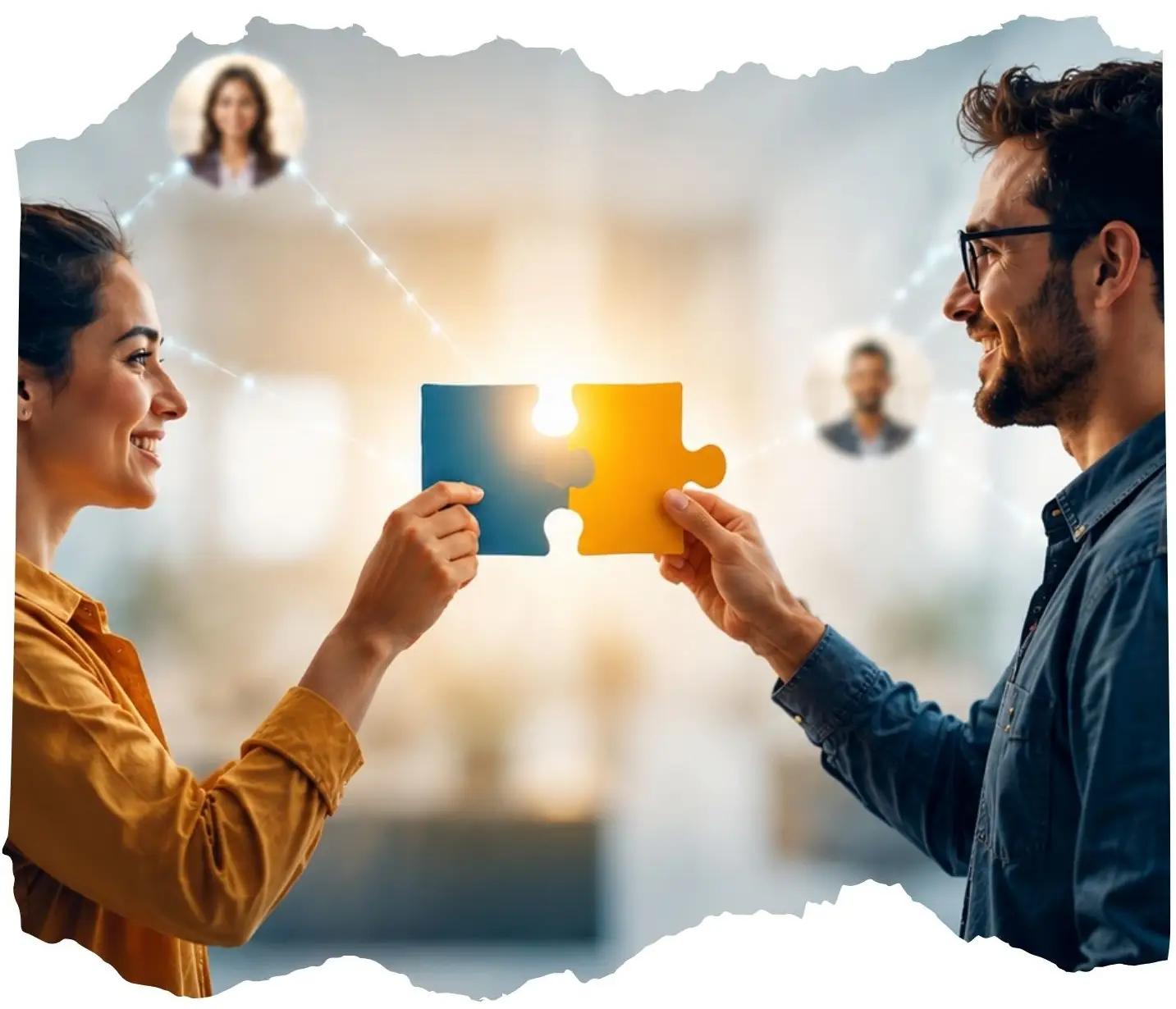 Zwei Menschen, die ihr jeweiliges Puzzleteil miteinander matchen