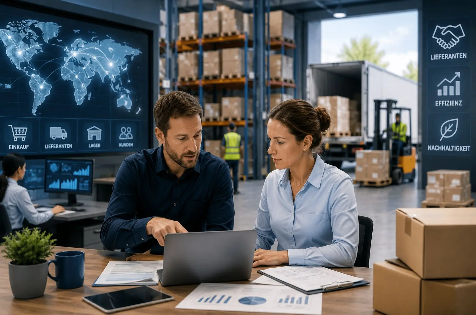 Zwei Personen, die in einem modernen Supply Chain Büro arbeiten